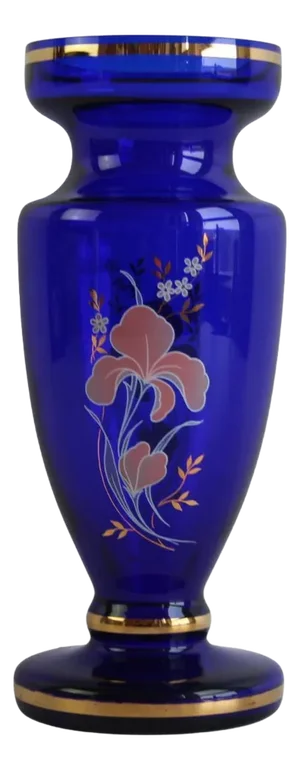 Bohemian Crystal Cobalt Blue Vase with Hand-Painted Floral and Gold Details, 1960