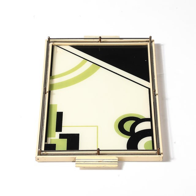 Art Deco Eglomise Cubist Graphic Geometric Motif Tray W/ Cream Lacquered Border For Sale In New York - Image 6 of 12