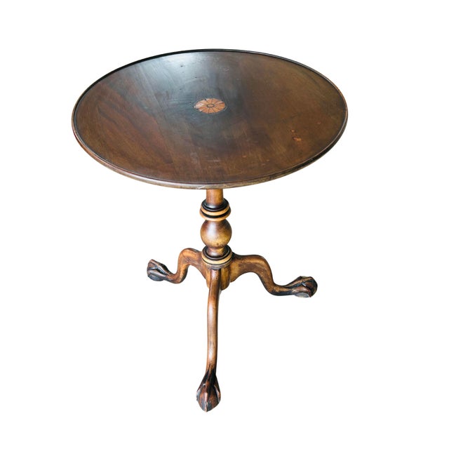 Baker Furniture Company Antique George III Mahogany Tilt-Top Tea Table With Satinwood Inlay & Ball-and-Claw Feet | Birdcage Tripod Base For Sale - Image 4 of 13