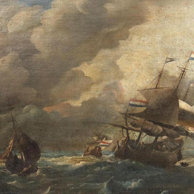 Dutch School, Stormy Sea with Sailing Ships, 18th Century, Oil on Canvas, Framed For Sale - Image 3 of 11