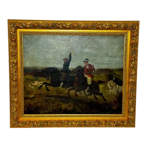 Mid 19th Century Large Victorian French Parisian Huntsman Oil Painting & Foxhounds Hot Pursuit by Gu