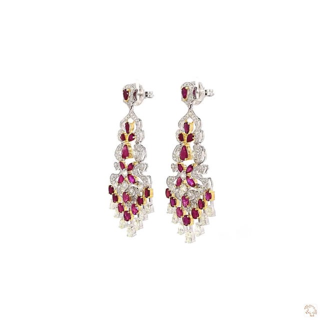 Modern 3.49 Carat Round Brilliant Cut White Diamond Blue Diamond Ruby Gold Earrings, Pair For Sale - Image 3 of 9