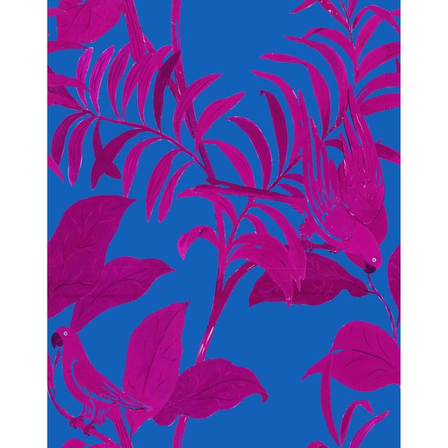 Art Deco Sample - Large Scale, Tropical Birds Wallpaper by Paule Marrot in Magenta and Blue For Sale - Image 3 of 3