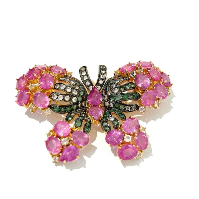 Baroque Stunning Bochic "Orient" Multi Sapphires & Ruby Brooch Set In 18K Gold & Silver For Sale - Image 3 of 18