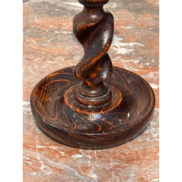 Pair of Oak Barley Twist Candlesticks With Brass Sconces For Sale - Image 6 of 9