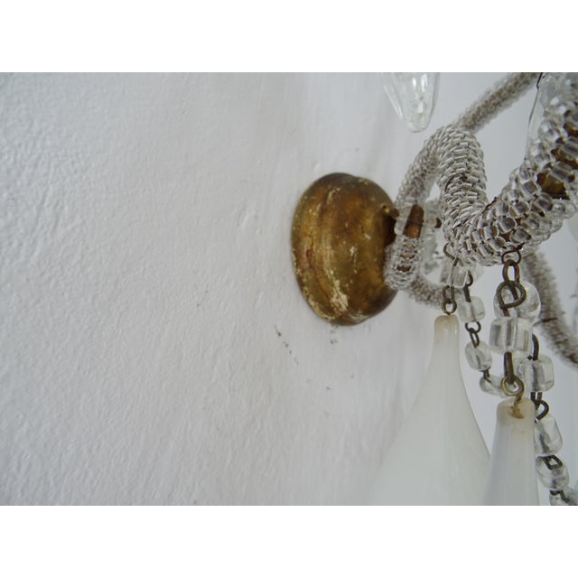 1900 French White Opaline Murano Drops Micro Beaded Crystal Sconces 3 Lights For Sale - Image 11 of 12