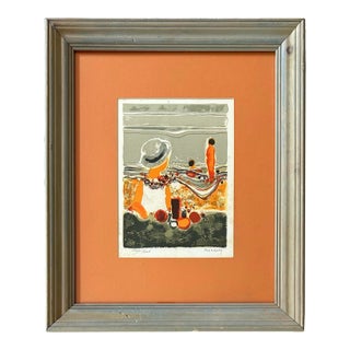 Vintage Mid Century Abstract Impressionist Lithograph of People on Beach For Sale