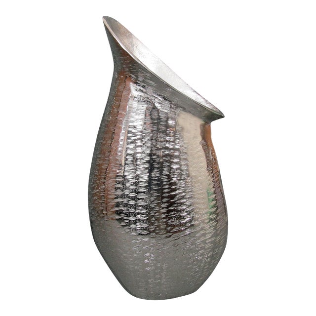Large Sculptural Textured Silver-Finish Vase For Sale