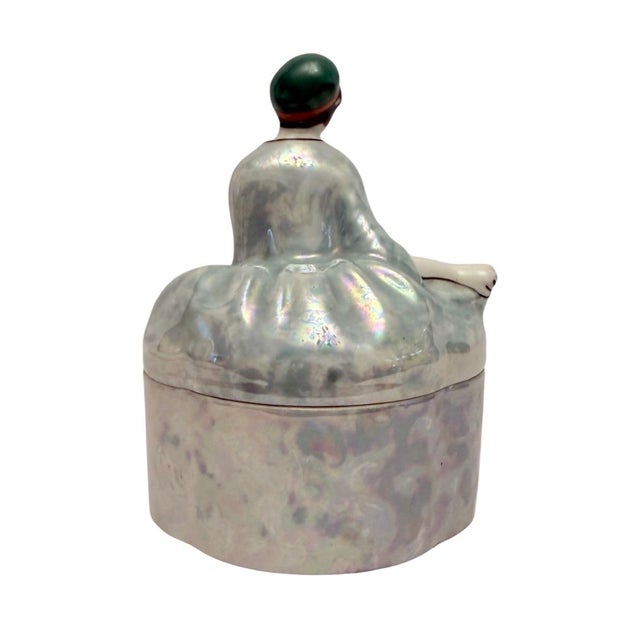 1930’s Noritake Lusterware Art Deco Lady Powder Box Vanity Dresser Jar (A-17). For Sale - Image 4 of 10