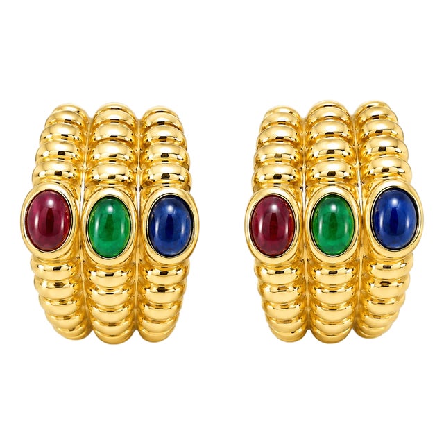Late 20th Century 14K Yellow Gold Cabochon Ruby Emerald Sapphire Clip Earrings, Pair For Sale