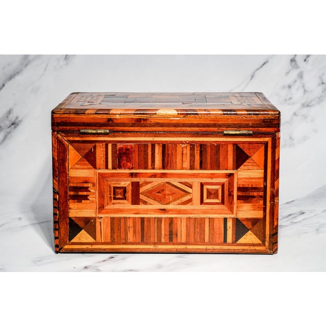 Impressive Large Inlaid Wood Pattern Antique Victorian 19th Century Box With Key Home Decor For Sale - Image 10 of 15