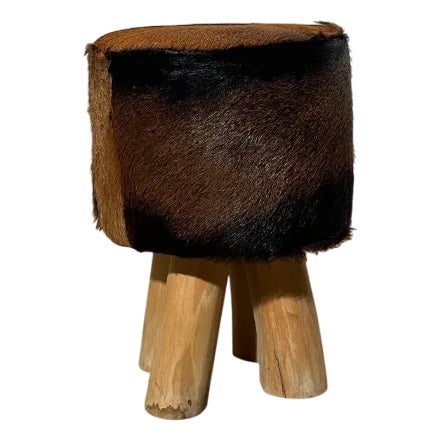 Vintage Stool in Wood and Cowhide For Sale