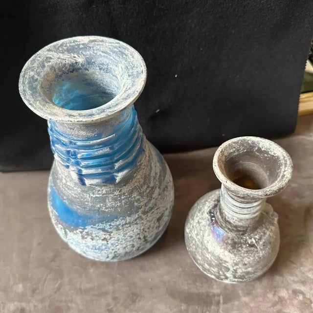1970s Set of Two Cenedese Style Blue and Gray Scavo Murano Glass Vases For Sale - Image 9 of 11