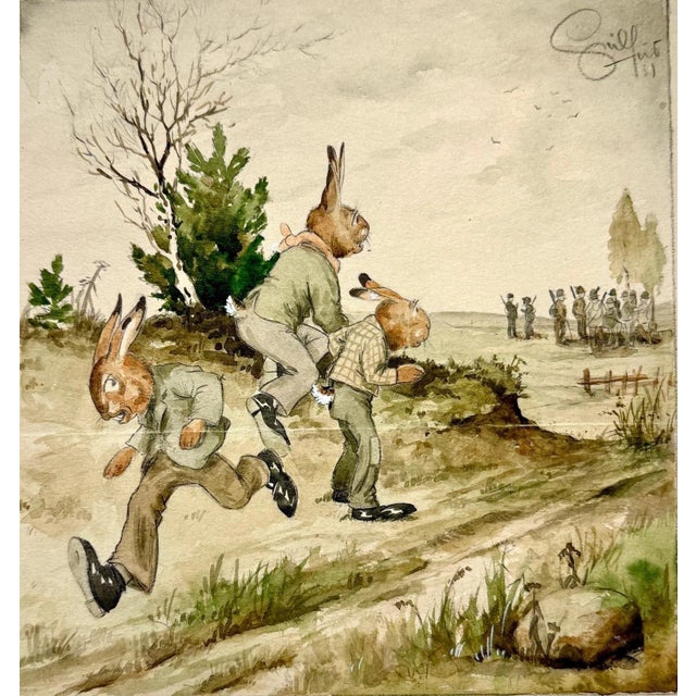 Heinz Geilfuß, The Hares Observe the Hunting Elite, Watercolor on Paper For Sale - Image 9 of 9