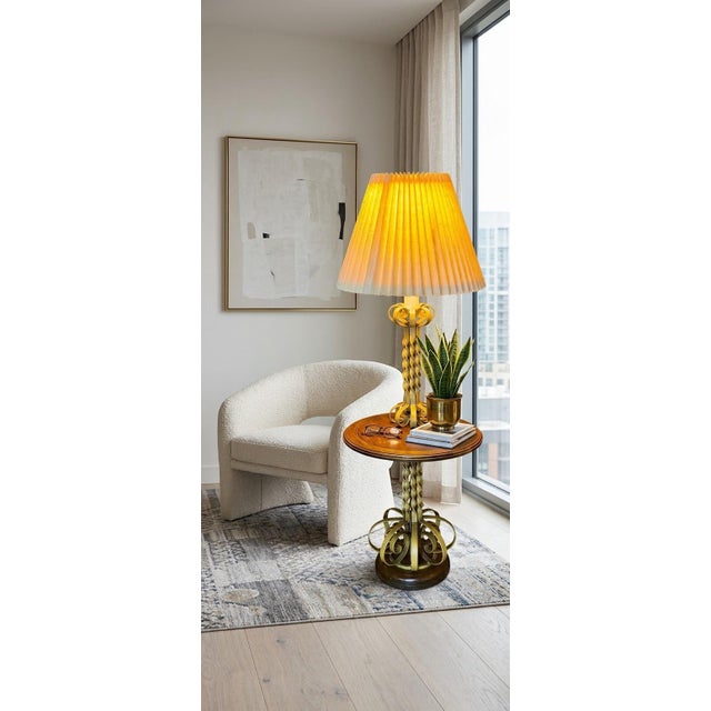 1950s Mid-Century Modern Florentine Style Wrought Iron Floor Lamp & Wood Side Table For Sale - Image 12 of 12