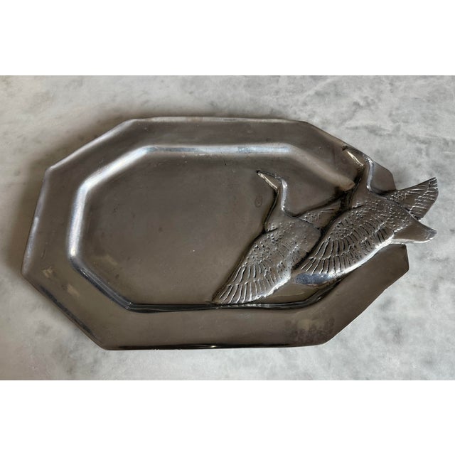 Rustic Vintage Pewter Octagonal Serving Platter With Geese Design For Sale - Image 3 of 8