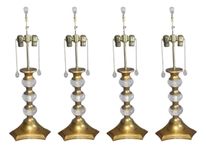 Set of Four Italian Rock Crystal & Giltwood Table Lamps 22-K Gold Leaf. 1980's.