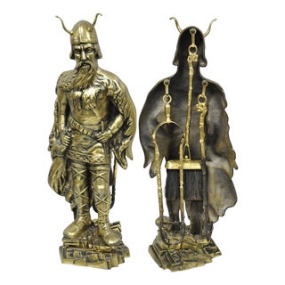 Vintage Scandanavian Viking Soldier Figure Solid Brass Fireplace Tool Set For Sale