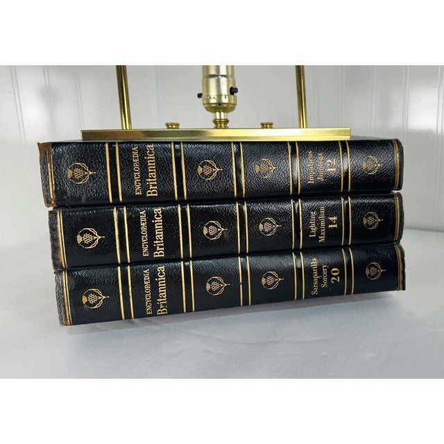 Mid Century Encyclopedia Britannica Leather Book Stack Table Lamp For Sale In Chicago - Image 6 of 9