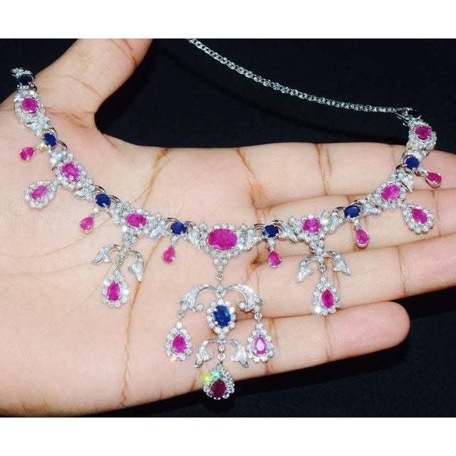 Certified Natural 31CTS VS F Diamond Ruby Sapphire 18K Solid Gold Necklace Earrings Set, set of 3 For Sale - Image 9 of 12