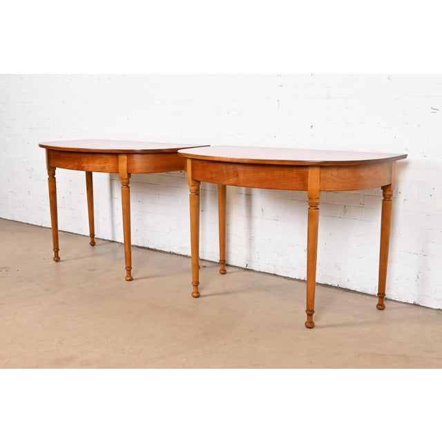 American Stickley American Colonial Carved Cherry Wood Demilune Console Tables or Entry Tables, Circa 1960s For Sale - Image 3 of 12