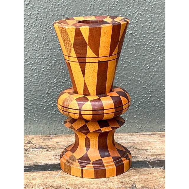 Wood Vintage Geometric Wood Marquetry Vase For Sale - Image 7 of 12