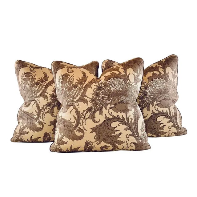 Brown Designer Vicki Payne Free Spirit Crewel Taupe & Brown Block Print Botanical Floral Leaf Pillow Covers- 3 Pieces For Sale - Image 8 of 8