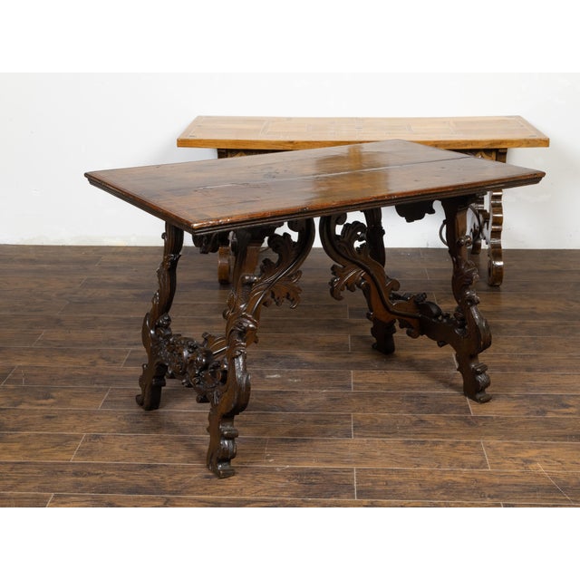 Brown Italian 18th Century Baroque Walnut Fratino Console Table with Carved Foliage For Sale - Image 8 of 12
