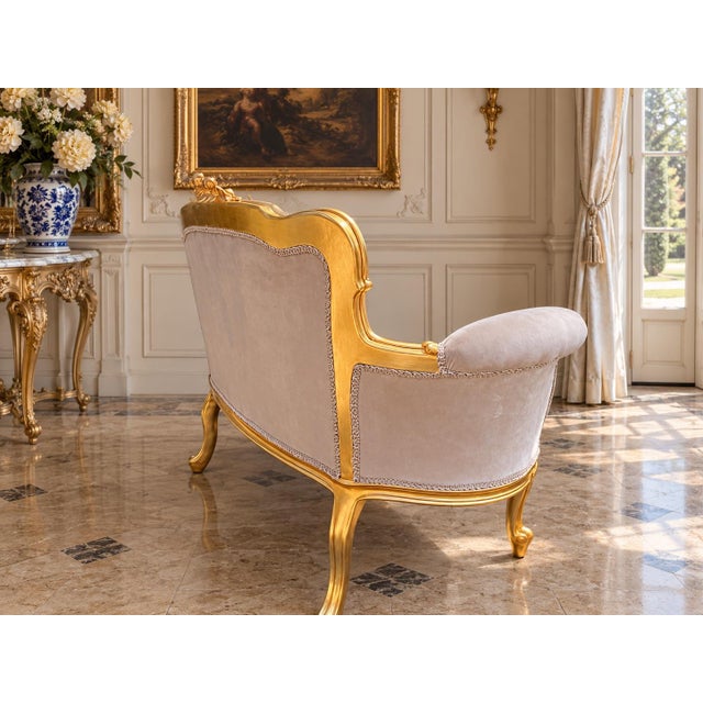 Late20C French Artisan LouisXVI Gold Beige Velvet Settee-1Pc For Sale - Image 13 of 15