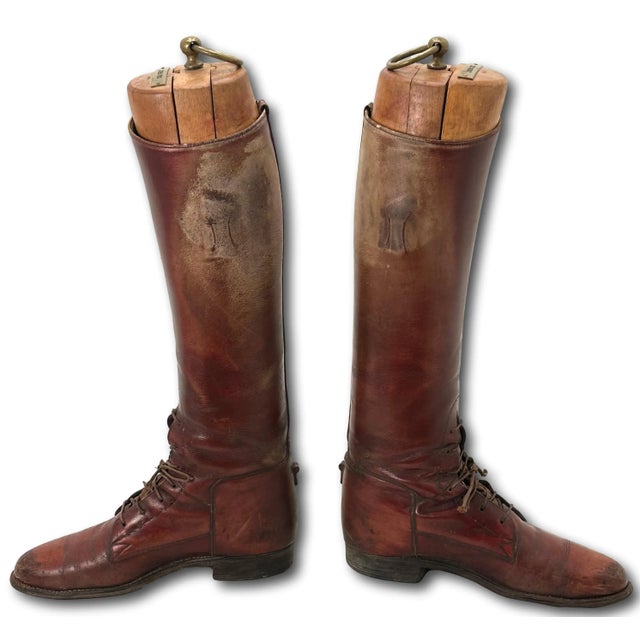 Vintage Classic Leather Equestrian Riding Boots With Wood & Brass Trees ...