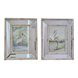 Late 20th Century Watercolor Bird Paintings – Heron & Ibis, Signed Vaughn, in Vintage Mirrored Frames, a Pair For Sale
