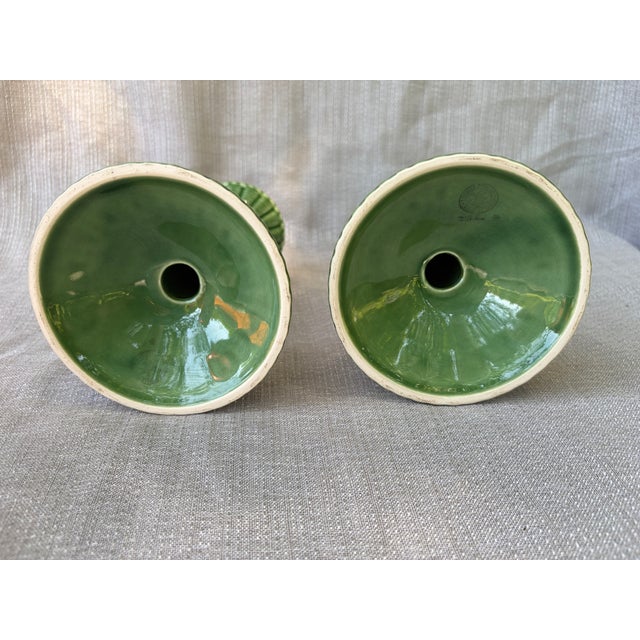 Vintage Bordallo Pinheiro Green Ceramic Candlestick a Pair For Sale - Image 9 of 11