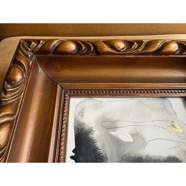 Modern Contemporary Monochrome and Gold Outsider Folk Art in Heavy Vintage Gold Wood Frame For Sale - Image 3 of 6