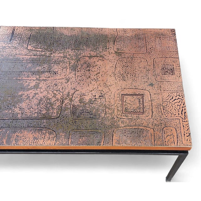 Mid Century Modern Acid Etched Copper Top Coffee Table W/ Iron Base