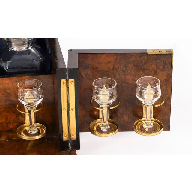 19th Century Antique 19th Century Victorian Burr Walnut and Crystal 3-Decanter Tantalus Dry Bar, Set of 12 For Sale - Image 5 of 18