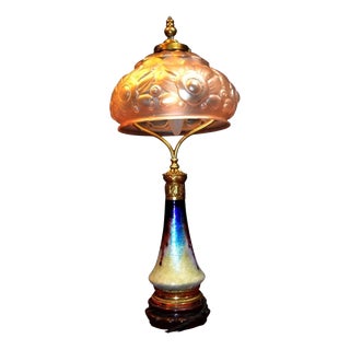 French Art Deco Brass Table Lamp with Iridescent Mushroom Glass Shade, 1940s For Sale