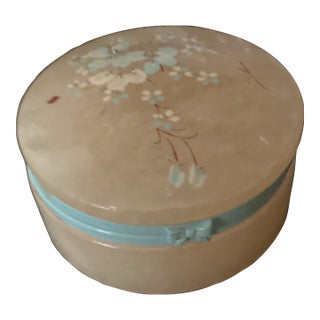 Trinket Box Vintage Rb Genuine Alabaster Stone Made in Italy Yellow Mint Green Trim Bow For Sale