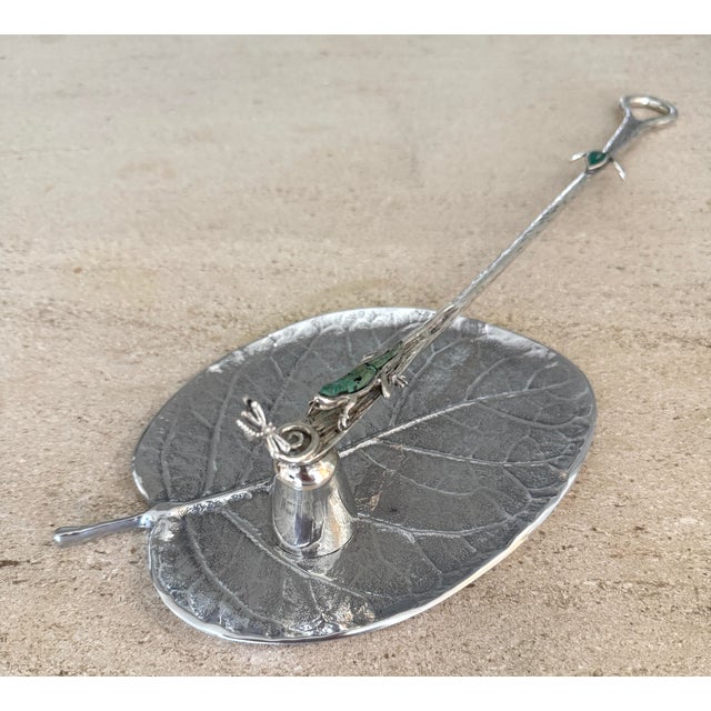 Emilia Castillo malachite lizard and butterfly candle snuffer with silver plate leaf tray. New old stock, never used. The...