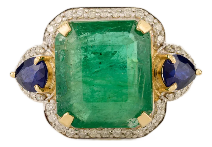 6.53 Carat Emerald Sapphire & Diamond 14k Gold Vintage Statement Ring Size 7