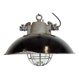 Industrial Black Enamel and Cast Iron Cage Pendant Light, 1960s For Sale