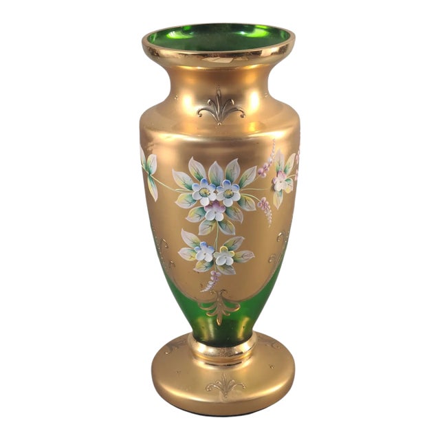 Vintage Bohemian Heavily Gilded High Enamel Floral Green Crystal Art Glass Vase For Sale