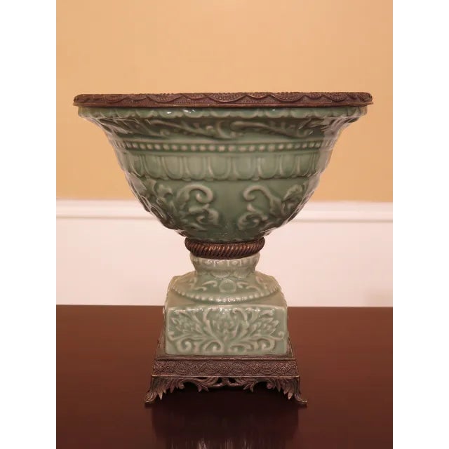 Green & Bronze Porcelain Center Planter Bowl For Sale - Image 9 of 9