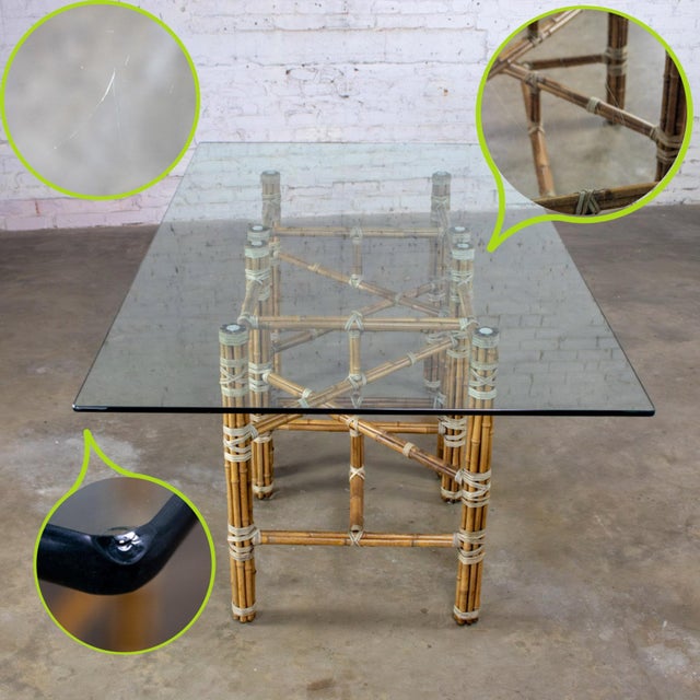 Late 20th Century Campaign Style Double Pedestal Dining Table by McGuire Bamboo Bases & Glass Top For Sale - Image 11 of 18