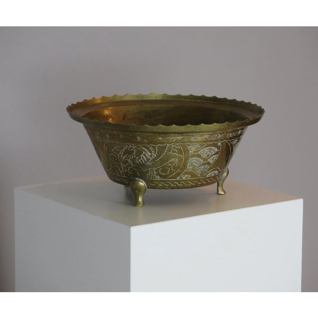 Chinese Large Chinese Antique Etched Brass Bowl For Sale - Image 3 of 7