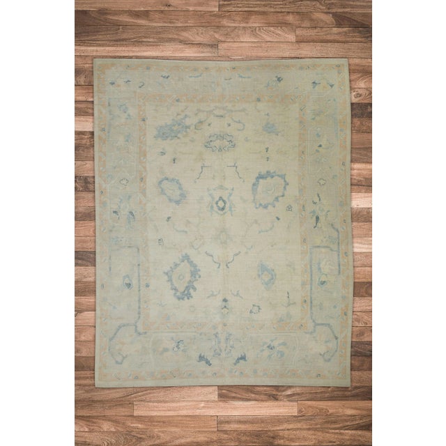 Textile Early 21st Century Cream & Blue Floral Design Handwoven Wool Turkish Oushak Rug 8'2" X 10'6" For Sale - Image 7 of 8