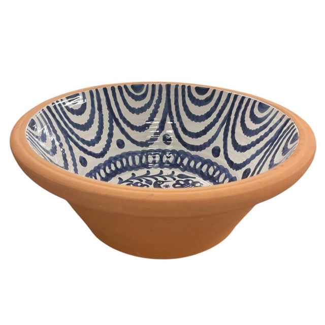 Vintage Hand-Painted Spanish Terracotta Bowl – Cobalt Blue Bird & Floral Motif For Sale - Image 4 of 12