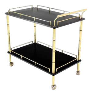 Hollywood Regency Faux Bamboo Brass Gallery 2-Tier Rectangular Rolling Bar Tea Cart