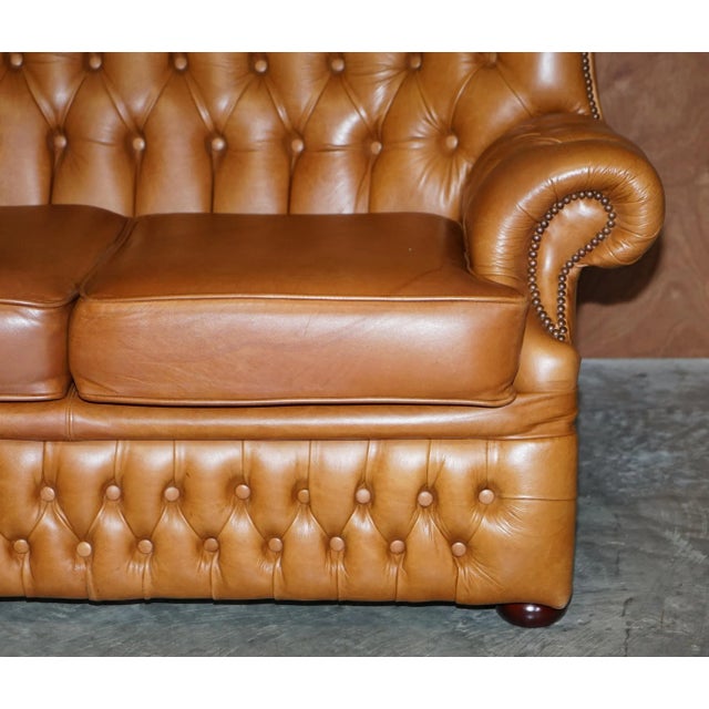 Small Wide Tan Leather Tufted Chesterfield Sofa with High Back For Sale - Image 10 of 18