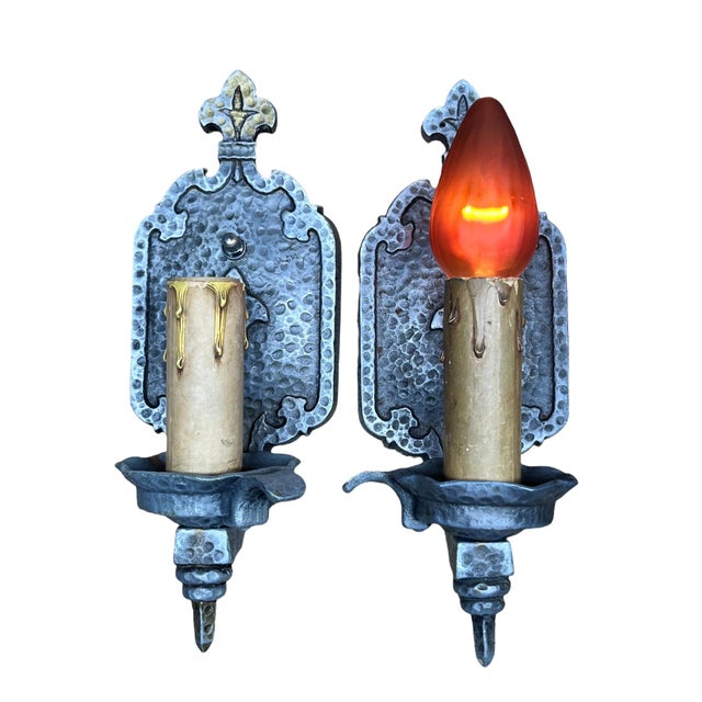 1910s Bare Bulb 4 + 1 Hammered Wall Sconces Storybook or Spanish Revival Mission Style #2598 For Sale - Image 14 of 14