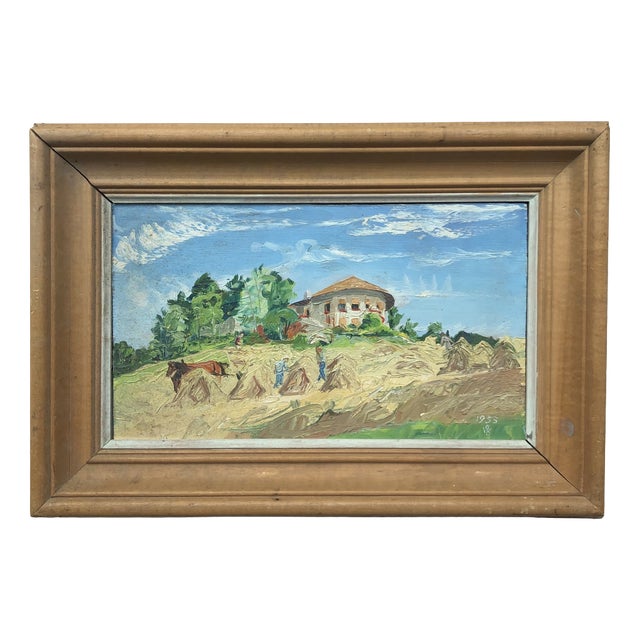 I. G., Paysans au champ, 1955, Oil on Wood, Framed For Sale